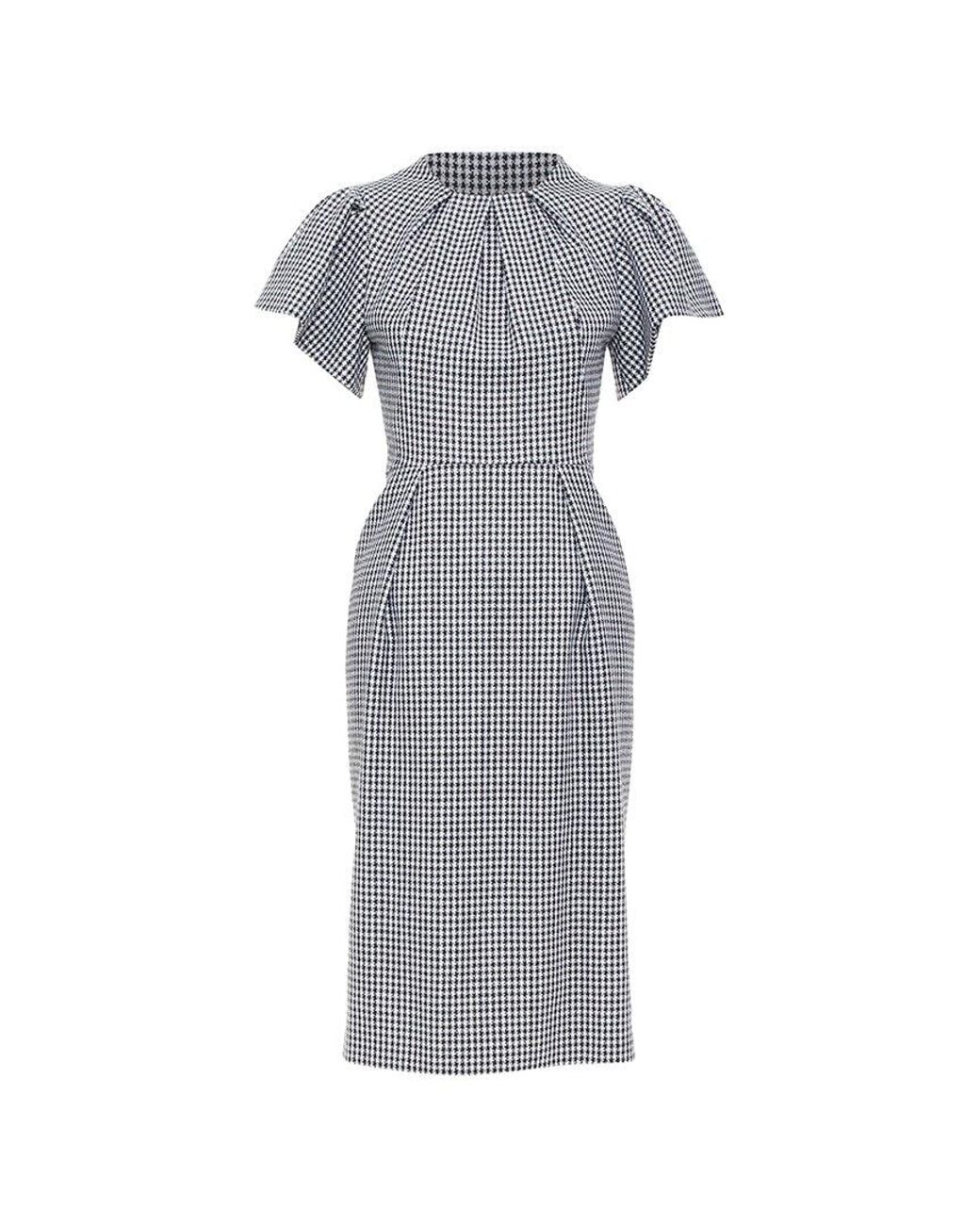 McQueen Gray Houndstooth Flounce Sleeve Pleat Check Cocktail Dress, Size It (Authentic Pre-Loved)