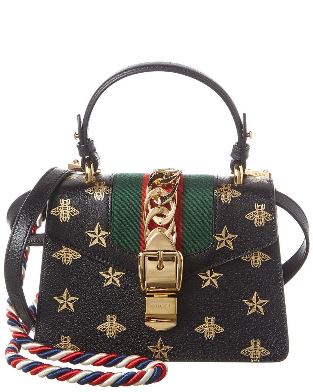 Gucci Black Bee Star Print Leather Small Sylvie Shoulder Bag Gucci