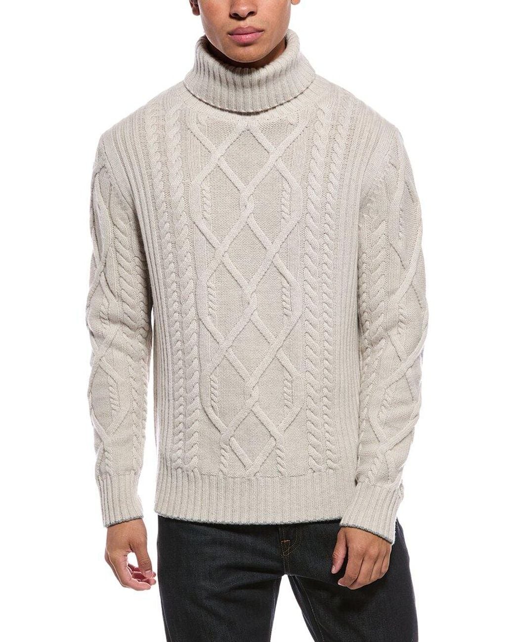 N.Peal Cashmere Gray Portobello Cable 100% Cashmere Roll Neck Sweater for men