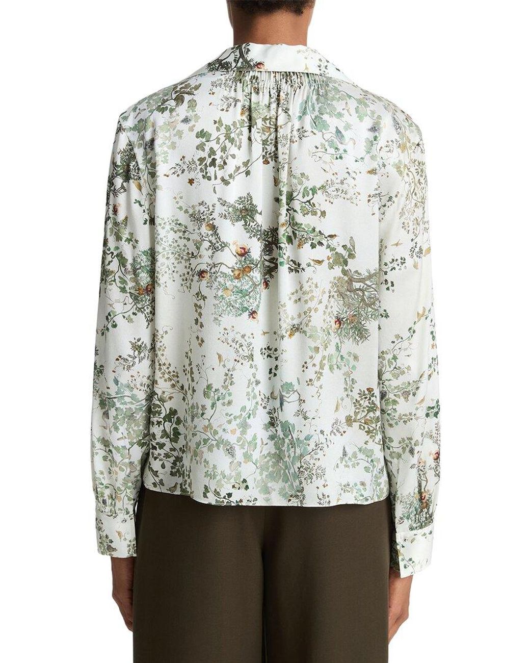 Vince Gray Grape Vine Placed Smocked Silk Blouse