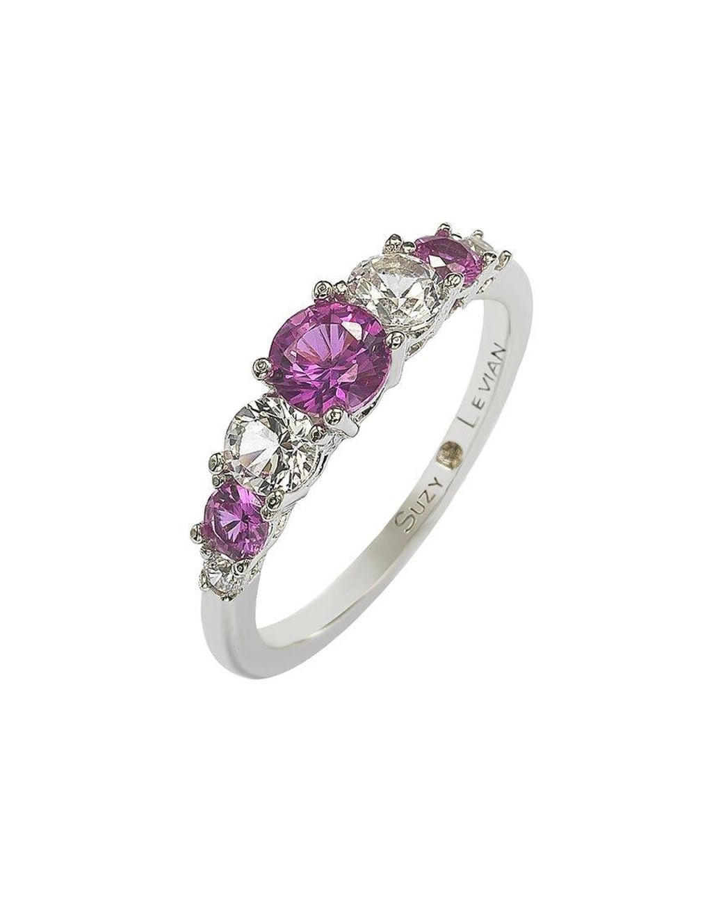 Suzy Levian White Silver Diamond & Sapphire Half-eternity Ring