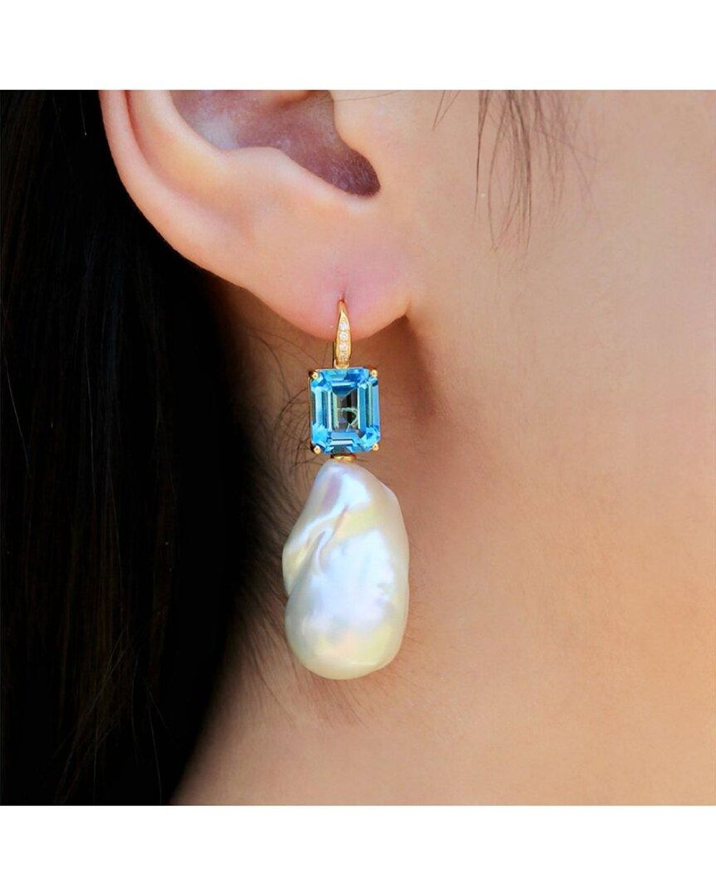 Kai Fine Jewelry Blue 14K 7.65 Ct. Tw. Diamond & Topaz & 16-17Mm Pearl Drop Earrings