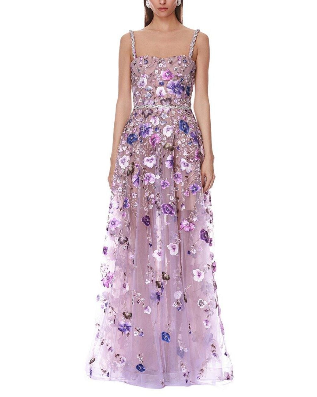 Bronx and Banco Purple Midnight Embroidered Floral Gown