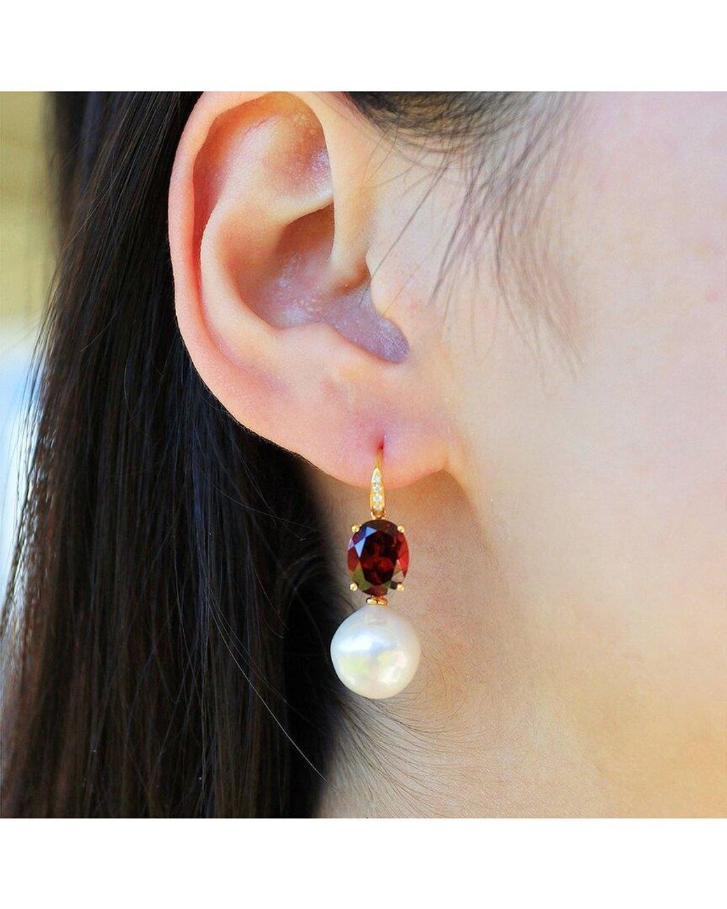 Kai Fine Jewelry Red 14K 7.45 Ct. Tw. Diamond & Garnet & 12-13Mm Pearl Drop Earrings