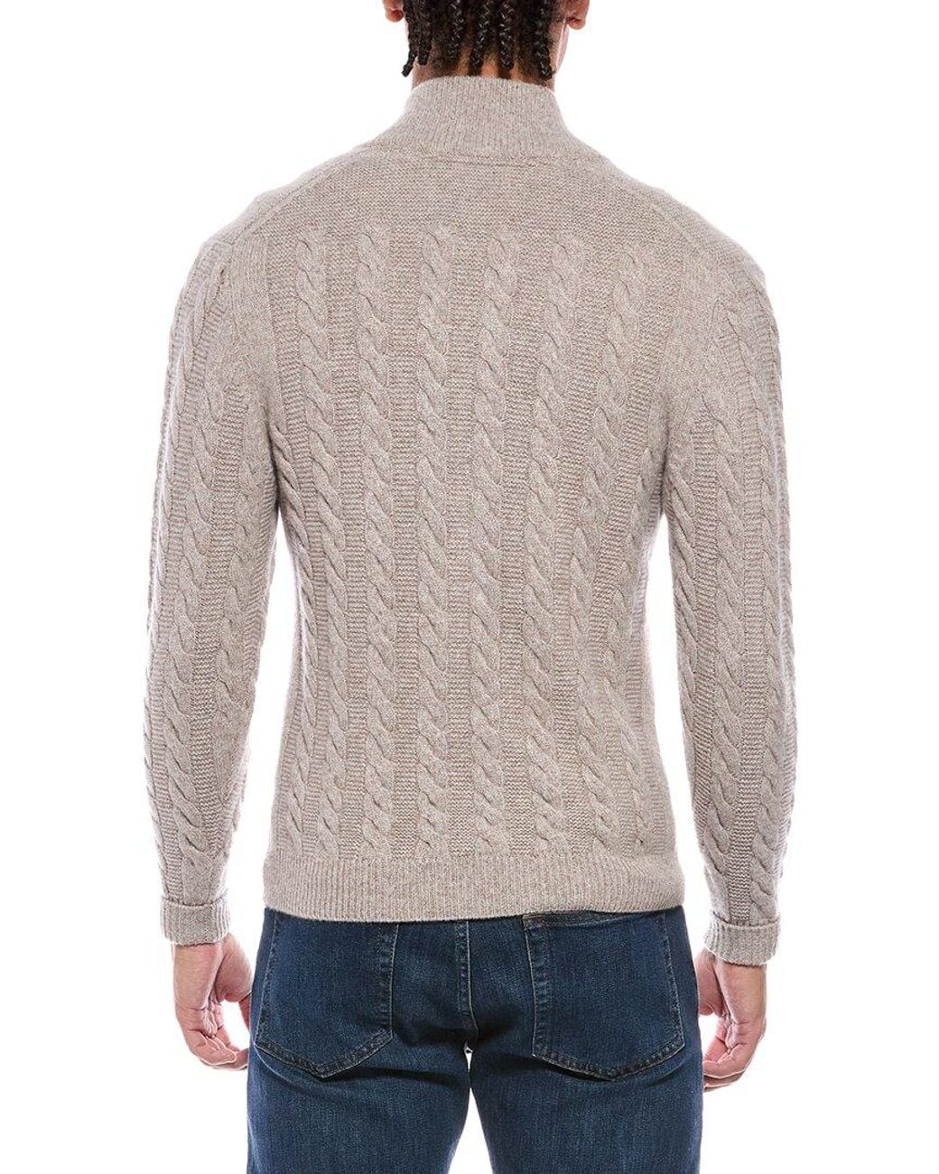 N.Peal Cashmere Gray Aspen Cable 100% Cashmere Mock Neck Cardigan for men