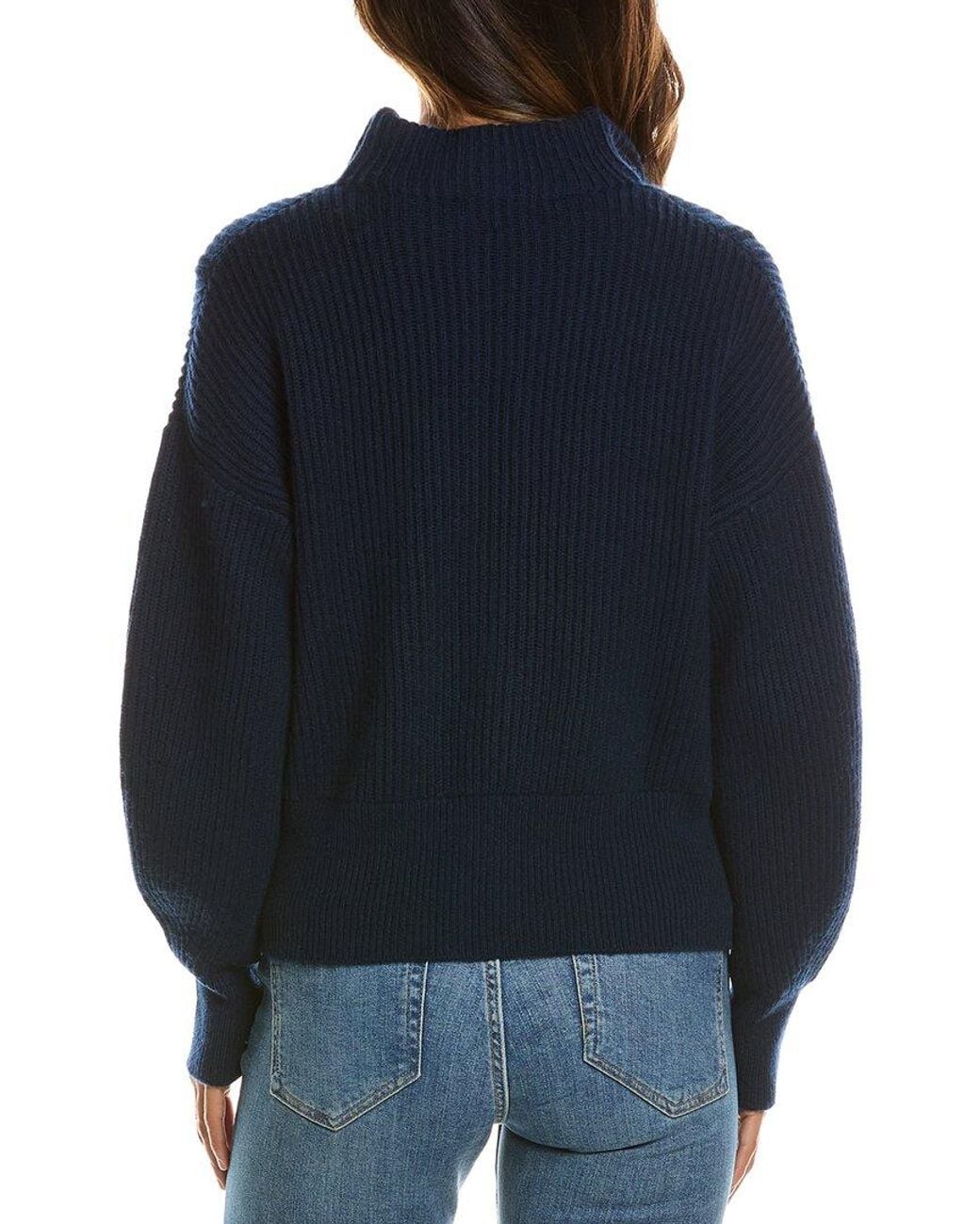 Forte Blue Rib Zip Mock Neck 100% Cashmere Cardigan