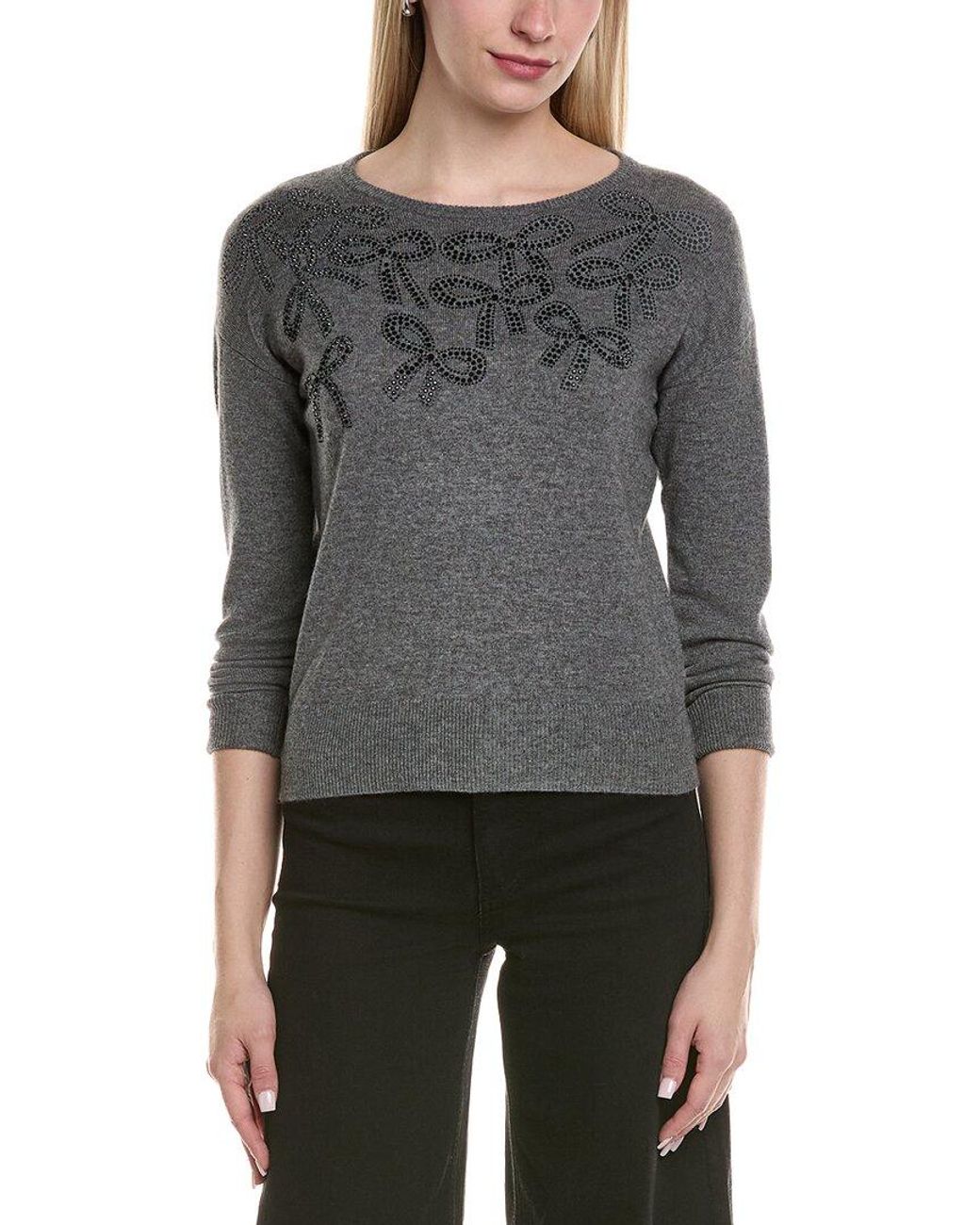 Sofiacashmere Gray Bow Embellishment Wool & Cashmere-Blend Sweater