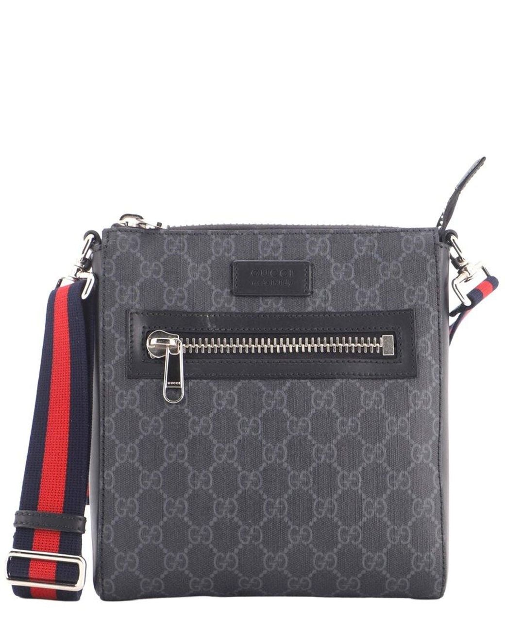 Gucci Gray Gg Coated Canvas Web Strap Front Zip Messenger Bag Small (Authentic Pre-Loved)