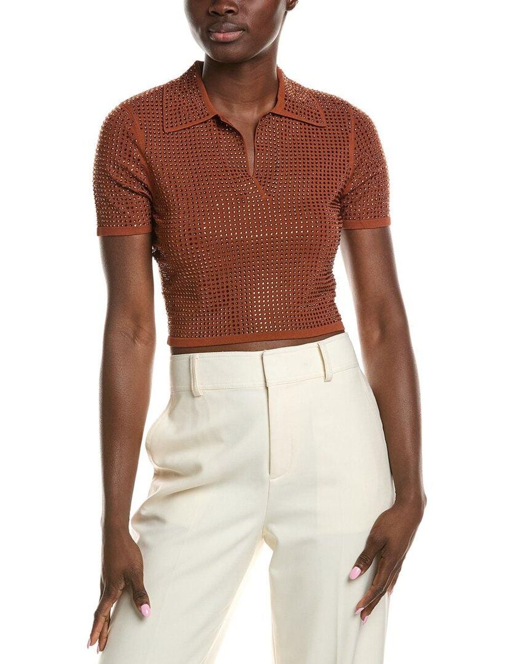 Sandro Brown Rhinestone Crop Polo Shirt