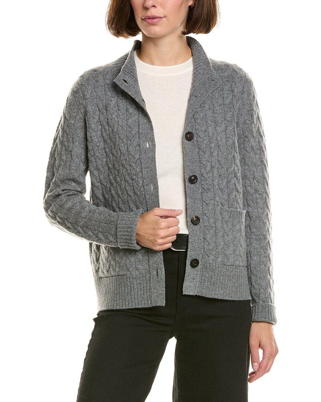 InCashmere Gray Mock Neck Wool & Cashmere-Blend Cable Cardigan