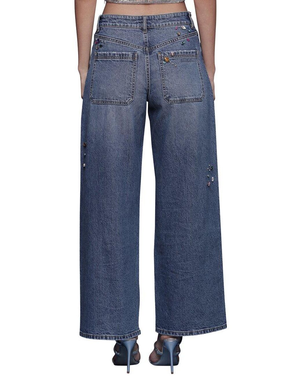 Avec Les Filles Blue Bejeweled Wide Leg Jeans