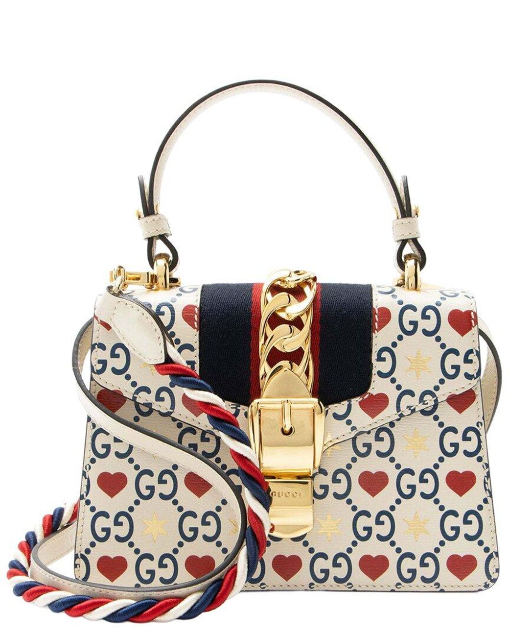 Gucci White Blue Leather Valentines Sylvie Mini Top Handle (authentic Pre-loved)