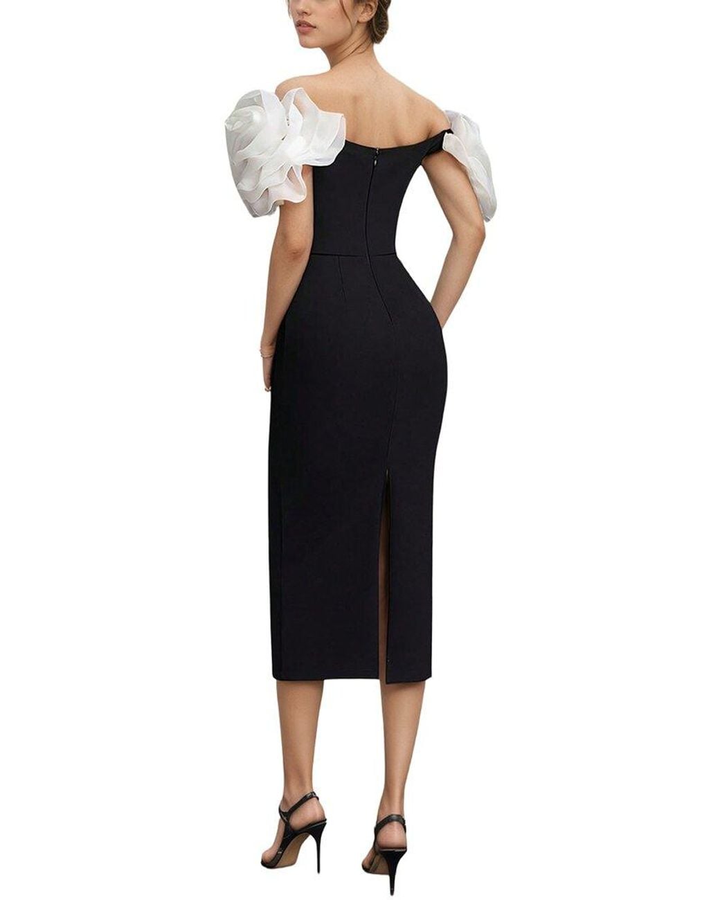 Dilireba Black Off Shoulder Solid Midi Dress