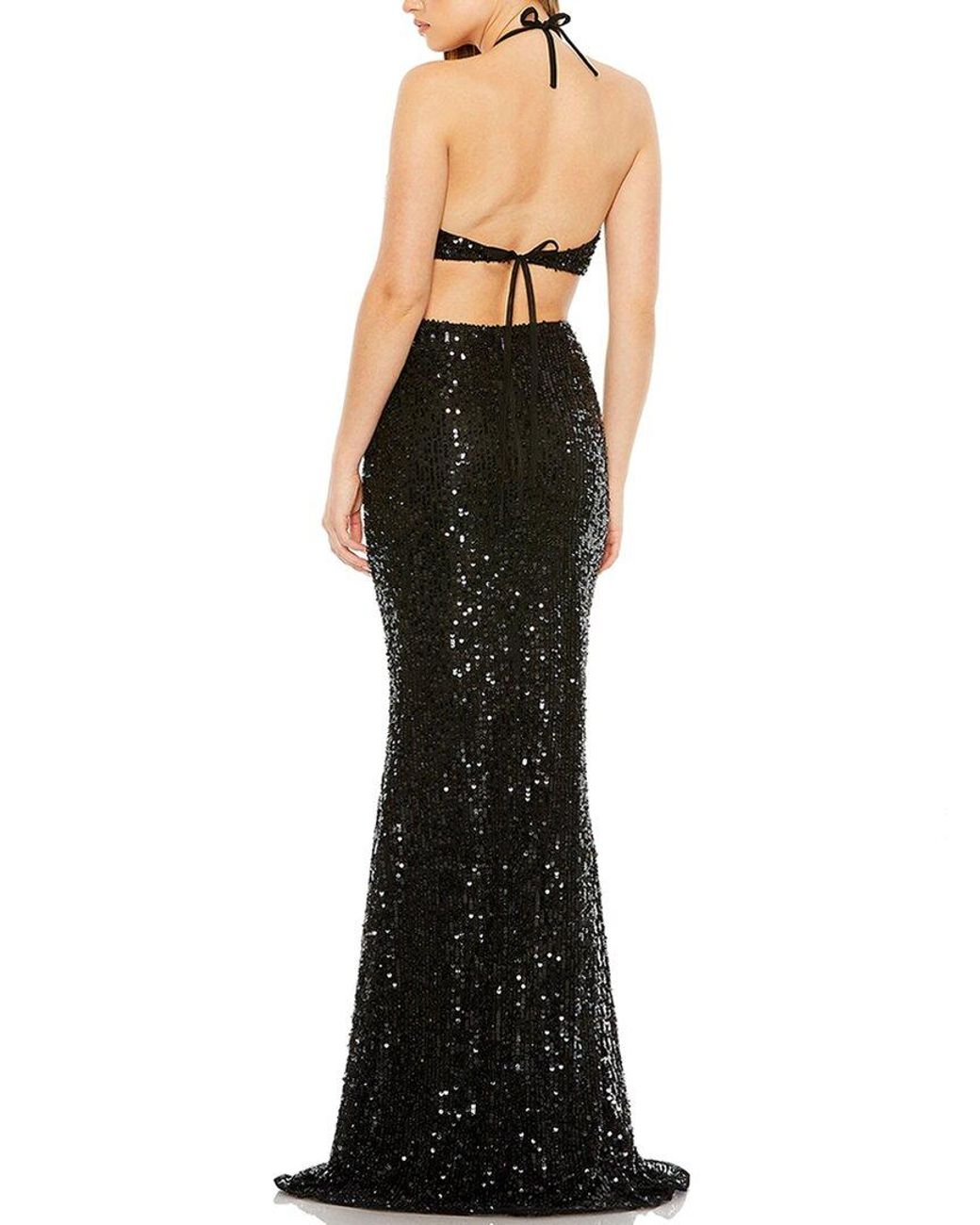 Mac Duggal Black Cut Out Halter Tie Back Sequin Gown