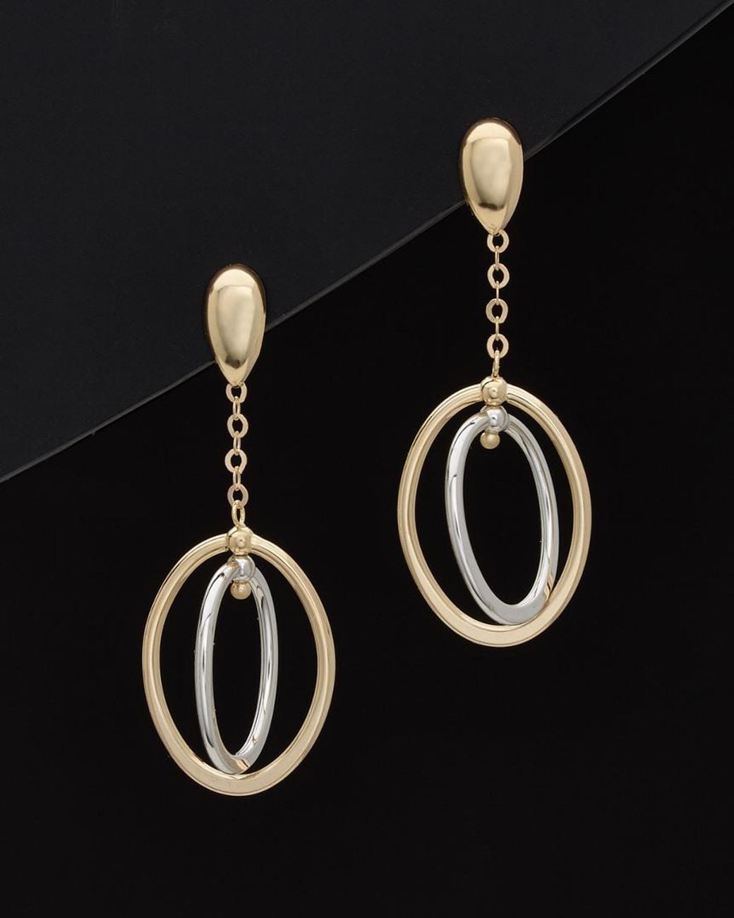 Italian Gold Black 14k Two-tone Oval Drop Earrings