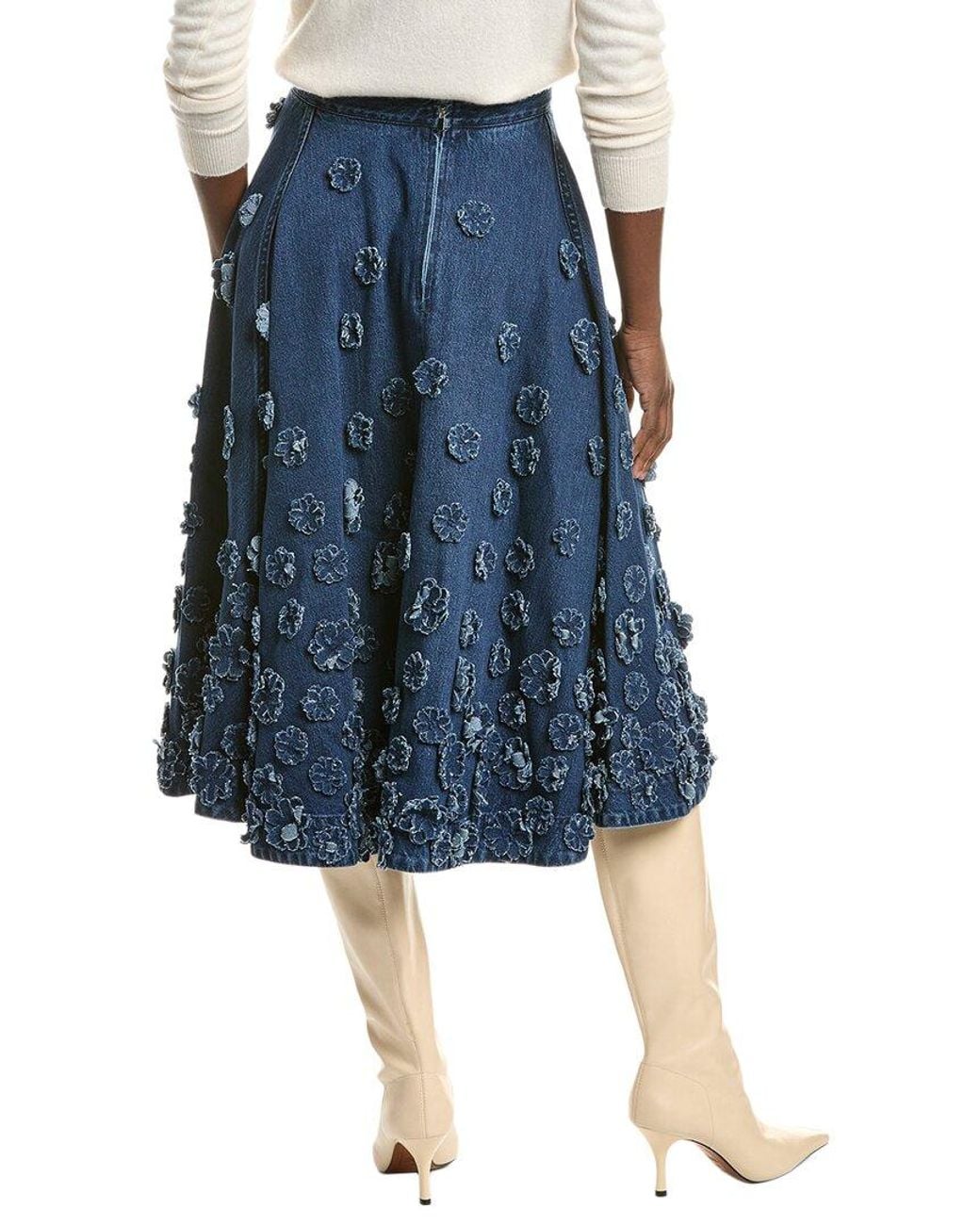 Michael Kors Blue Floral Appliquè Denim Midi Skirt