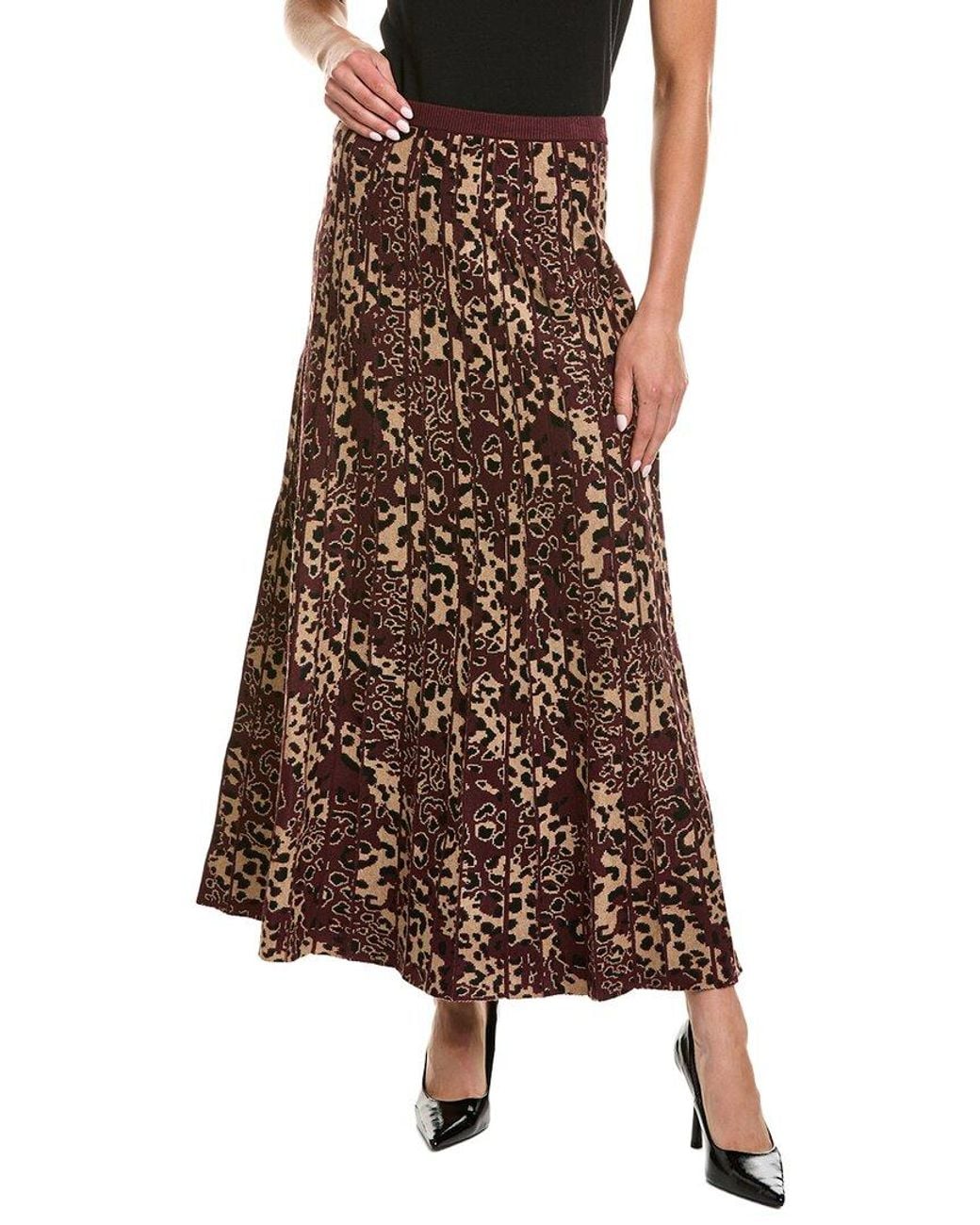 525 America Brown Luxe Midi Pleated Leopard Skirt
