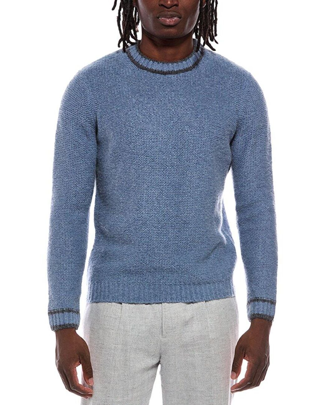 Autumn Cashmere Blue Purl Crewneck Striped Trims Wool & Cashmere-Blend Sweater for men
