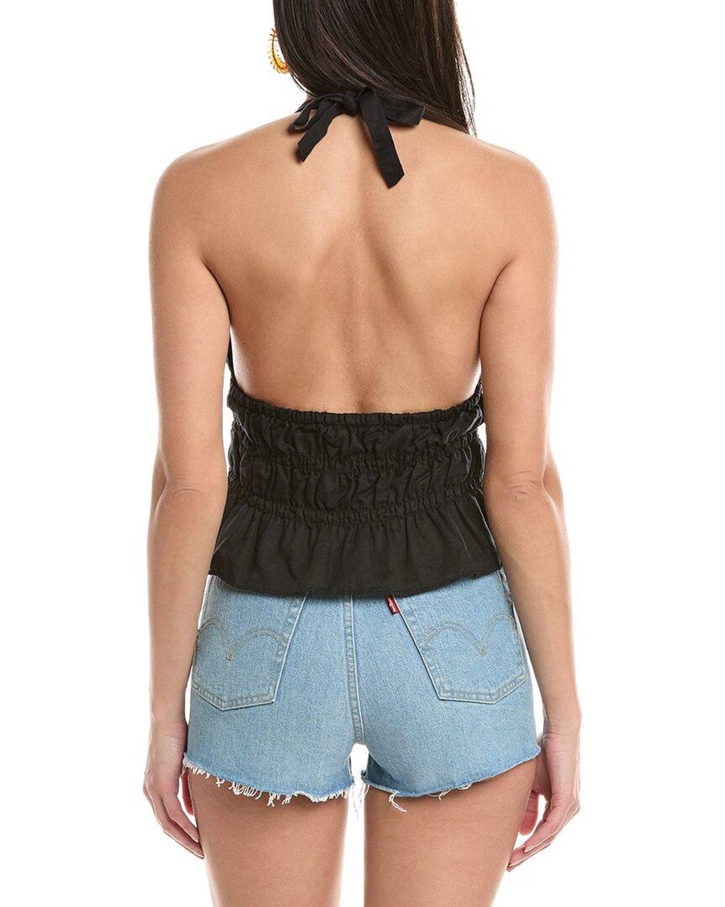 Onia Black Air Smocked Halter Linen-Blend Top