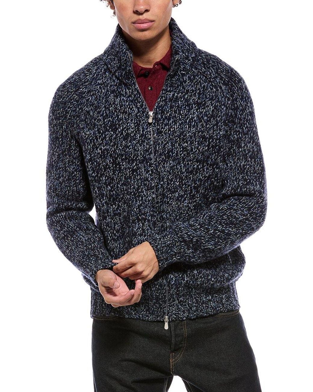 Brunello Cucinelli Blue Wool, Cashmere, & Silk-Blend Zip Sweater for men