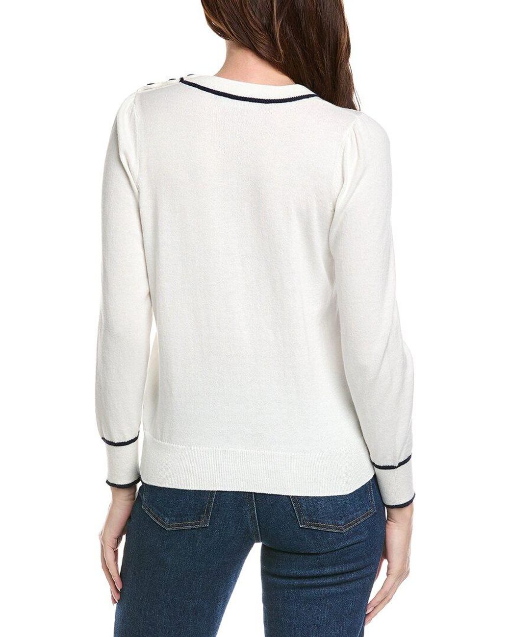 Hannah Rose White Button Shoulder Cashmere-Blend Sweater