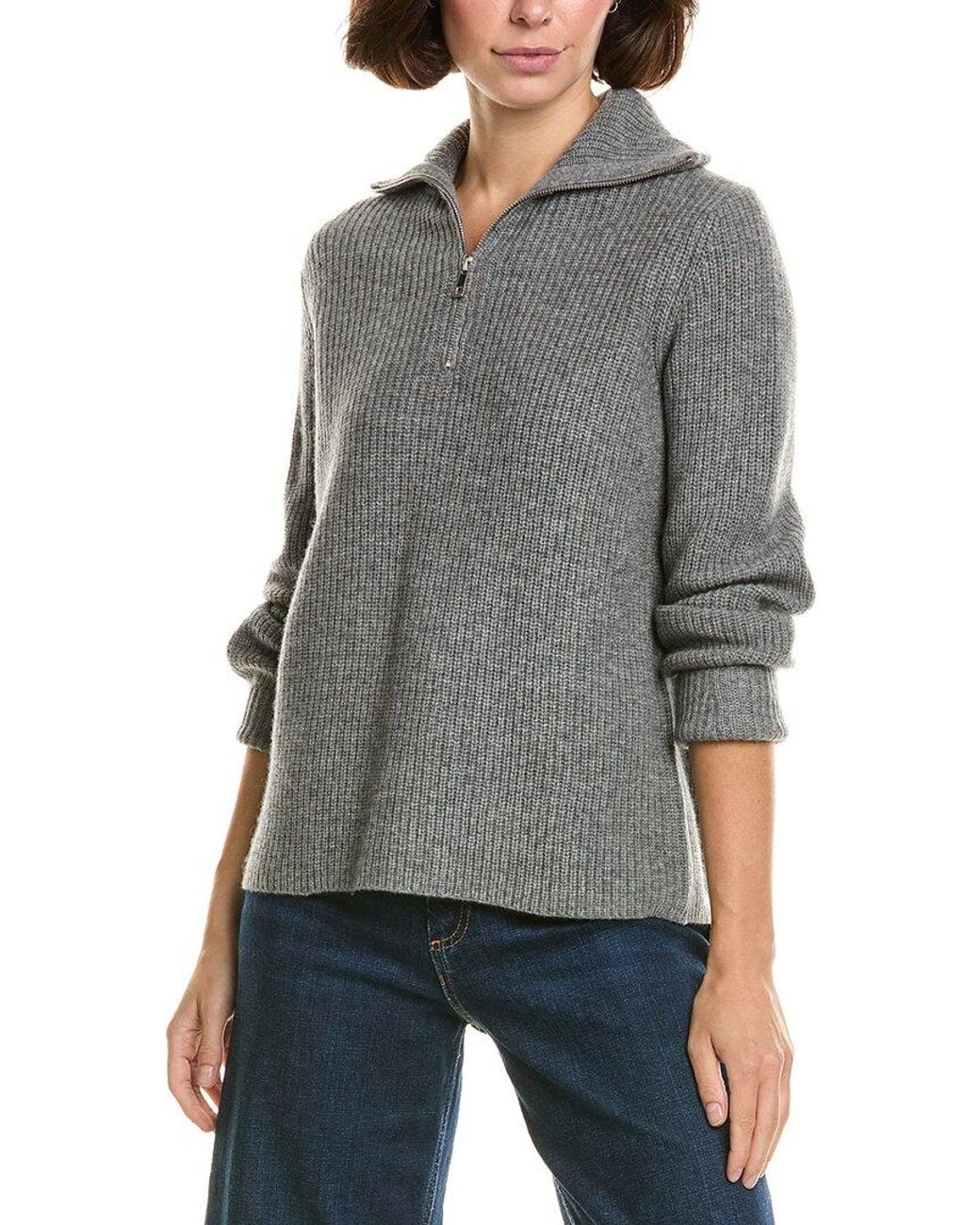 InCashmere Gray Zip Polo Box Stitch Wool & Cashmere-Blend Pullover