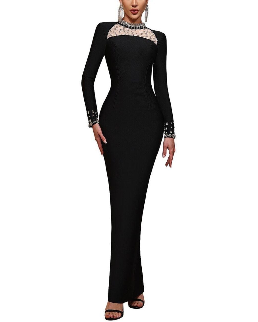 Dilireba Black Long Sleeve Solid Maxi Dress