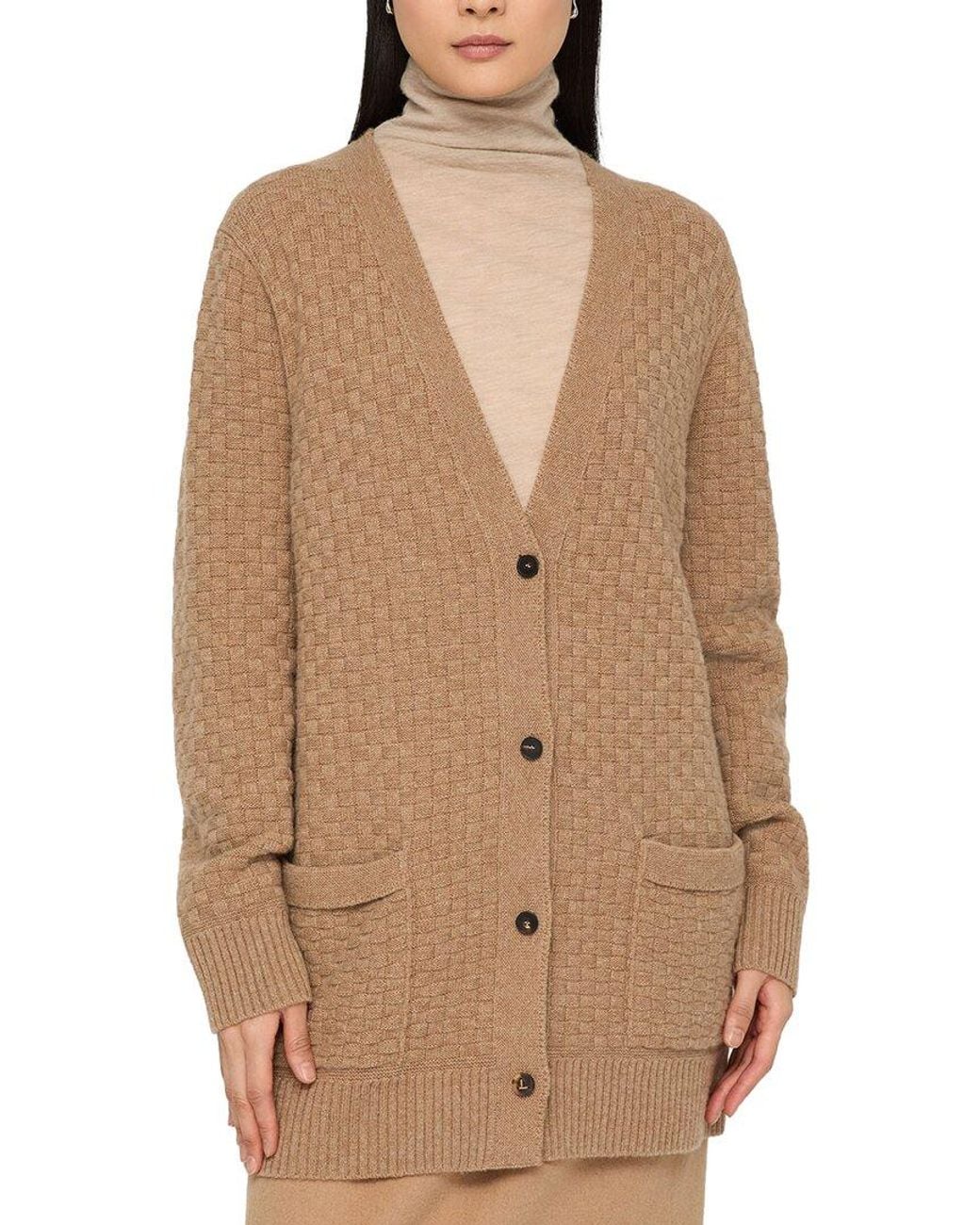 Lafayette 148 New York Natural Basket Stitch Button Front 100% Cashmere Cardigan