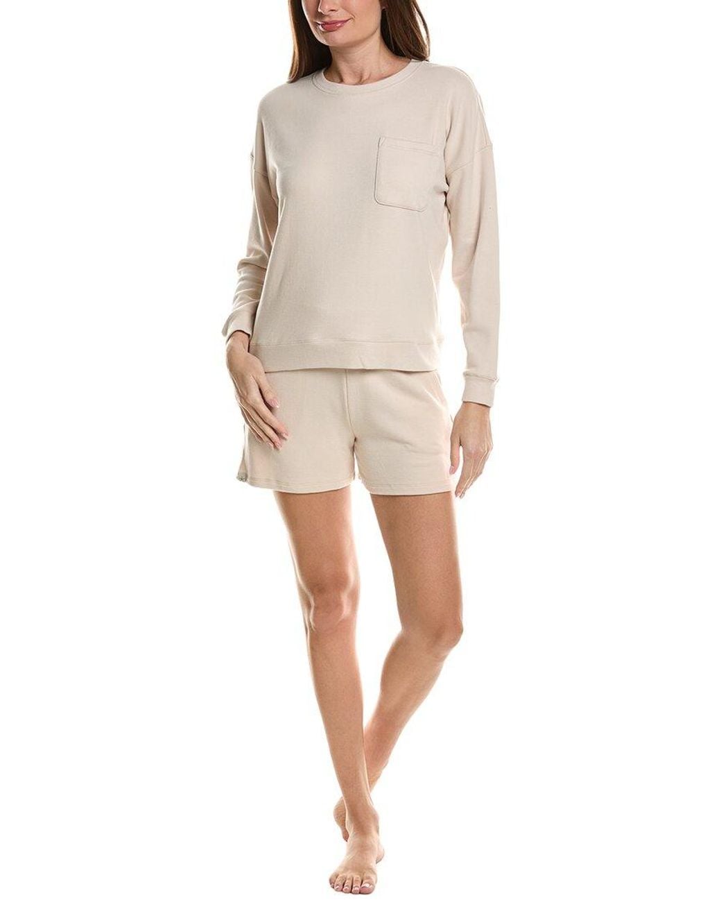 Barefoot Dreams Natural 2Pc Brushed Fleece Top & Short Set