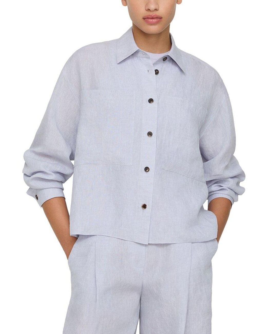 Lafayette 148 New York Blue Cropped Linen Boyfriend Shirt