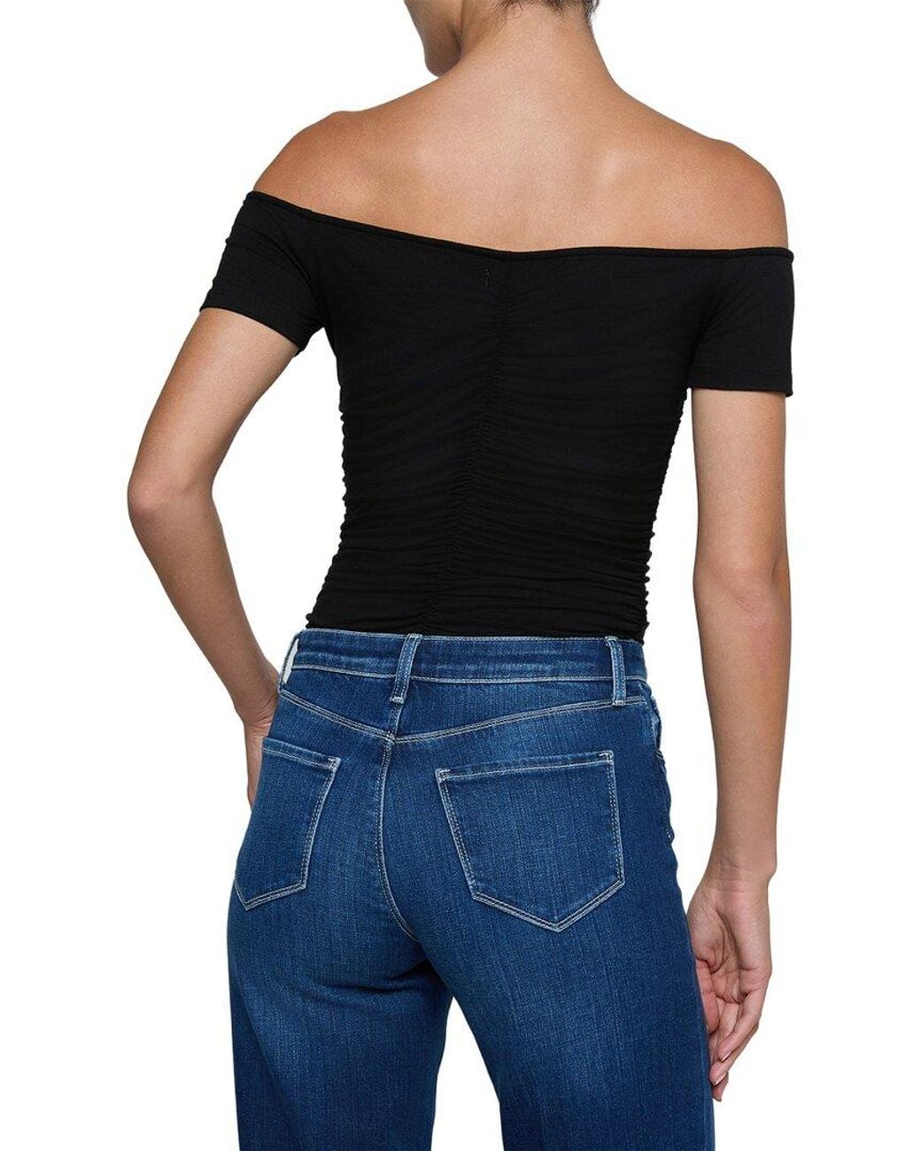 L'Agence Blue Baliegh Off-The-Shoulder Ruched Bodysuit