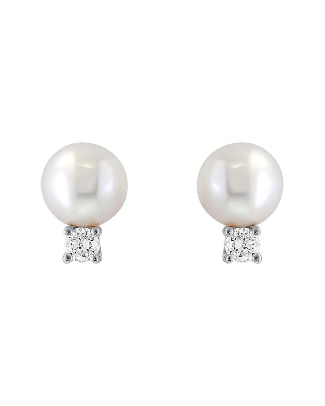 Effy Fine Jewelry Metallic 14K 0.04 Ct. Tw. Diamond & 4Mm Pearl Earrings