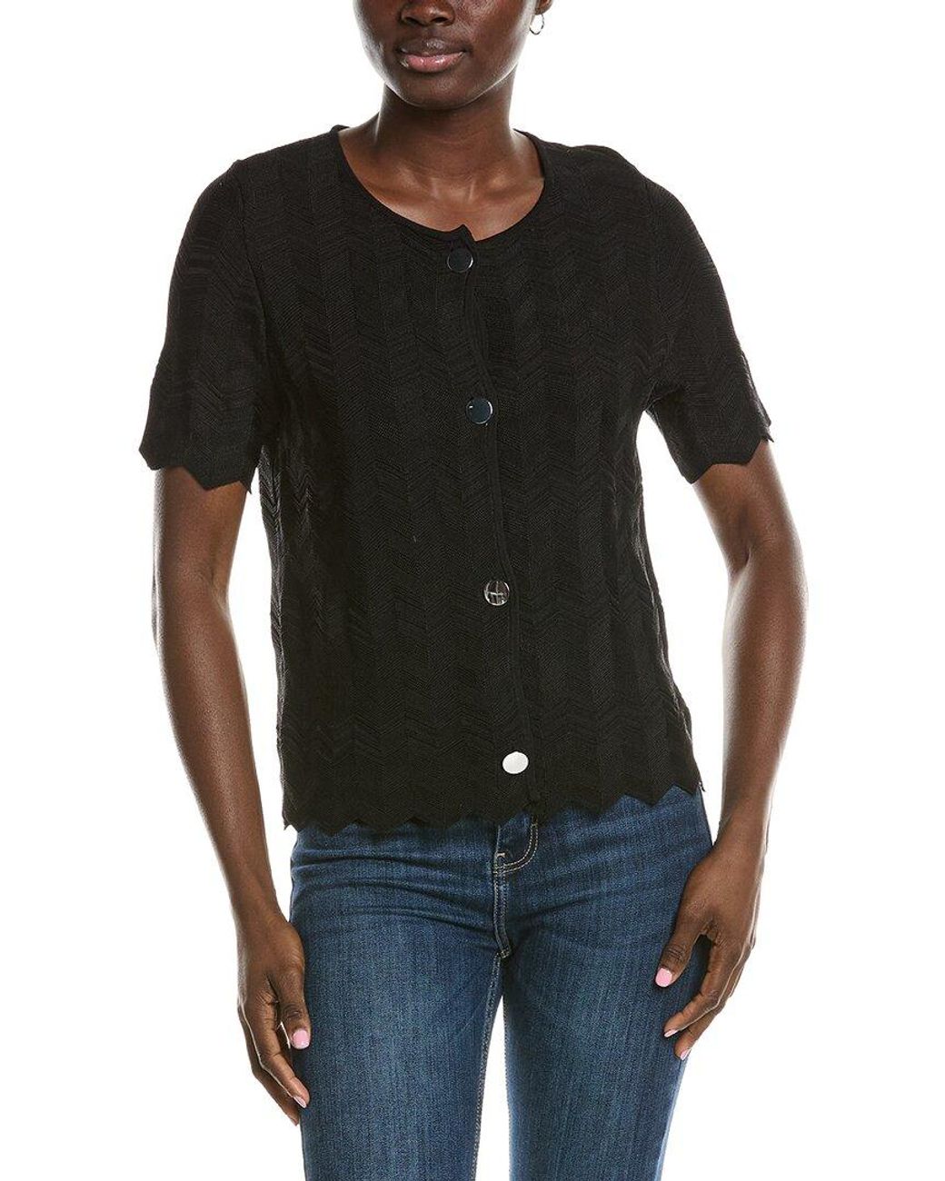 Anne Klein Black Zig Zag Short Sleeve Cardigan