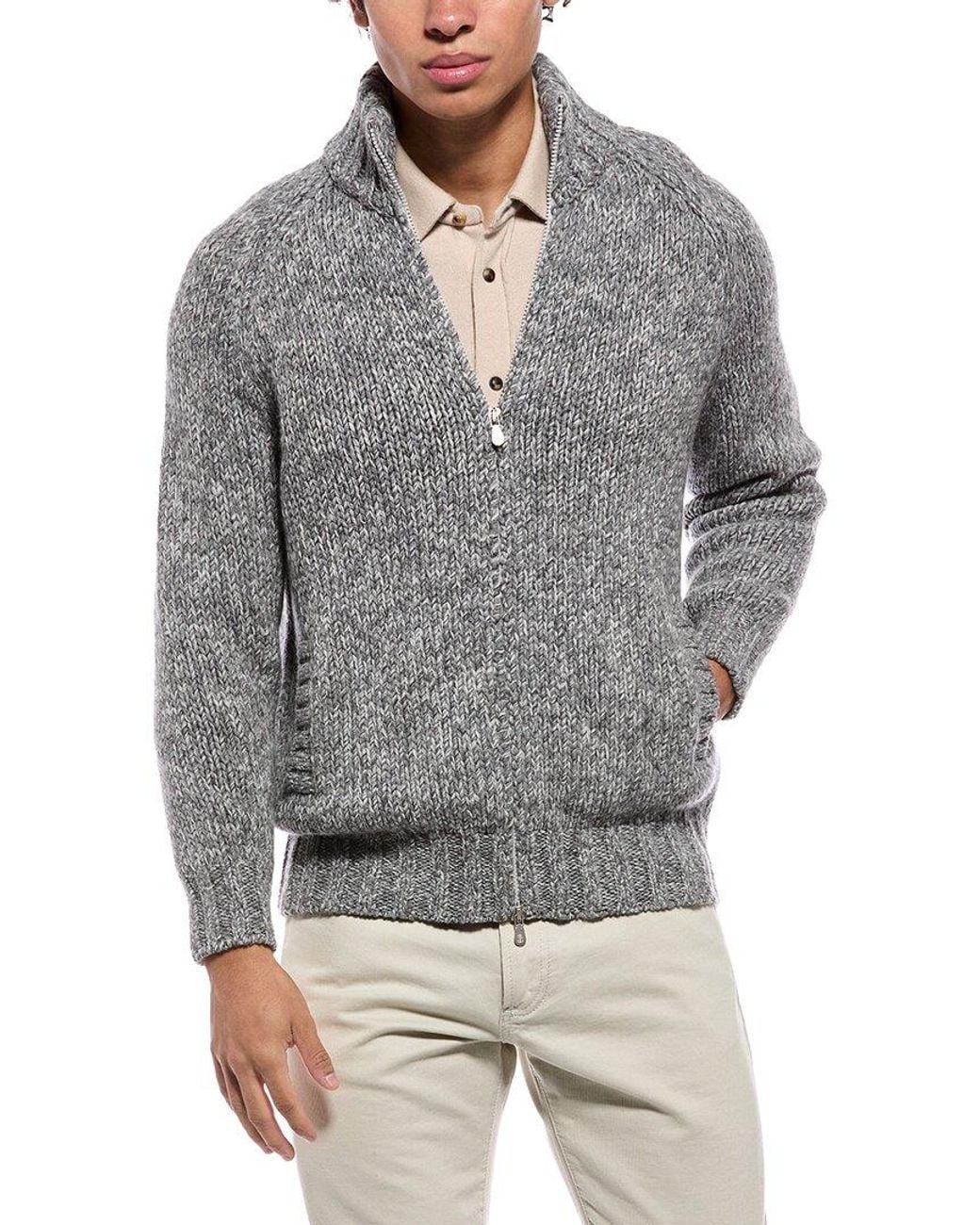 Brunello Cucinelli Gray Wool, Cashmere, & Silk-Blend Zip Sweater for men