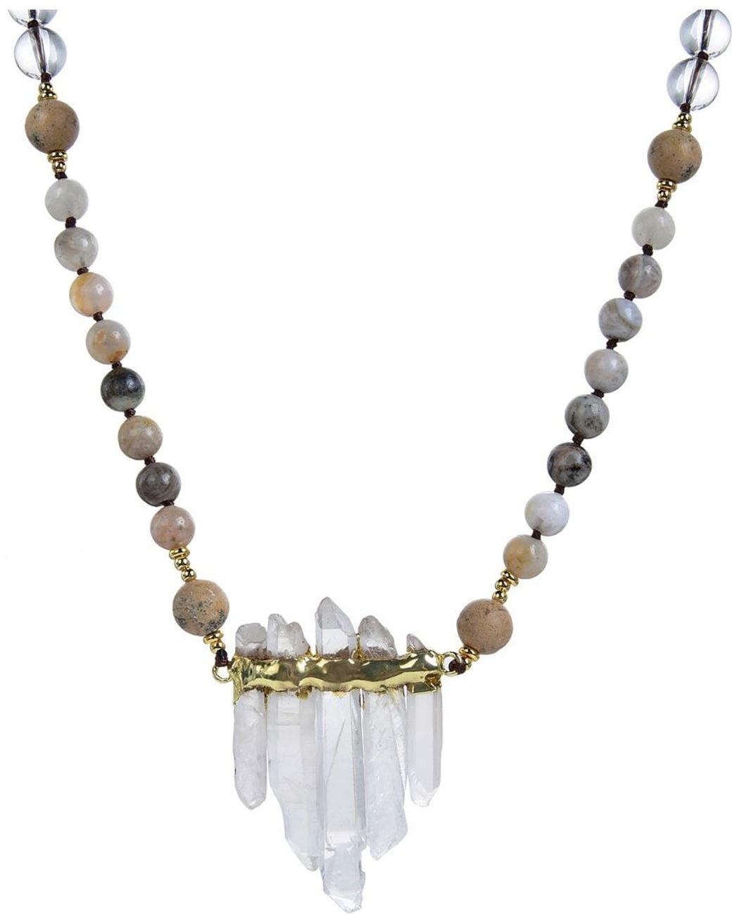 Eye Candy LA Metallic Gemstone Agate & Clear Quartz Handmade Knotted Necklace