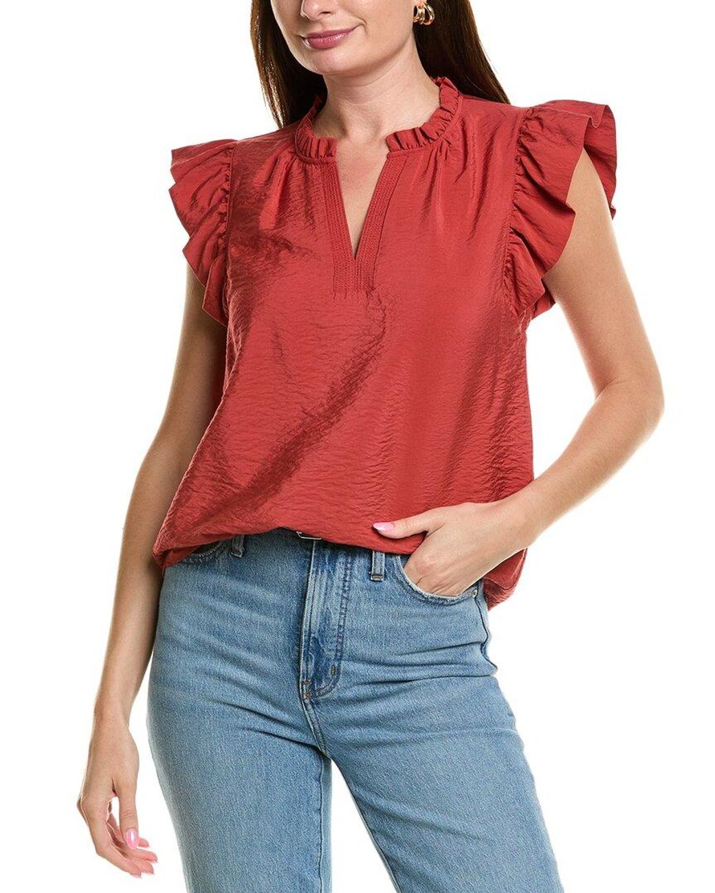 Anne Klein Red Trapunto Stitched Placket Top
