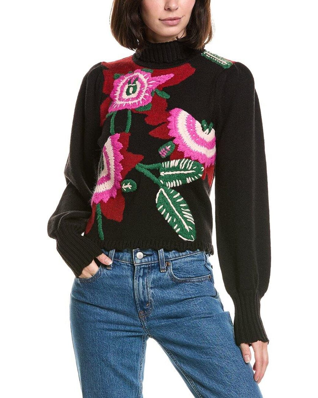 Farm Rio Blue Knit Wool-Blend Sweater