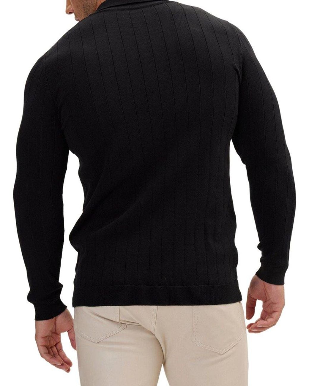 Ron Tomson Black Slip-Stitch Polo Neck Long Sleeve Sweater for men