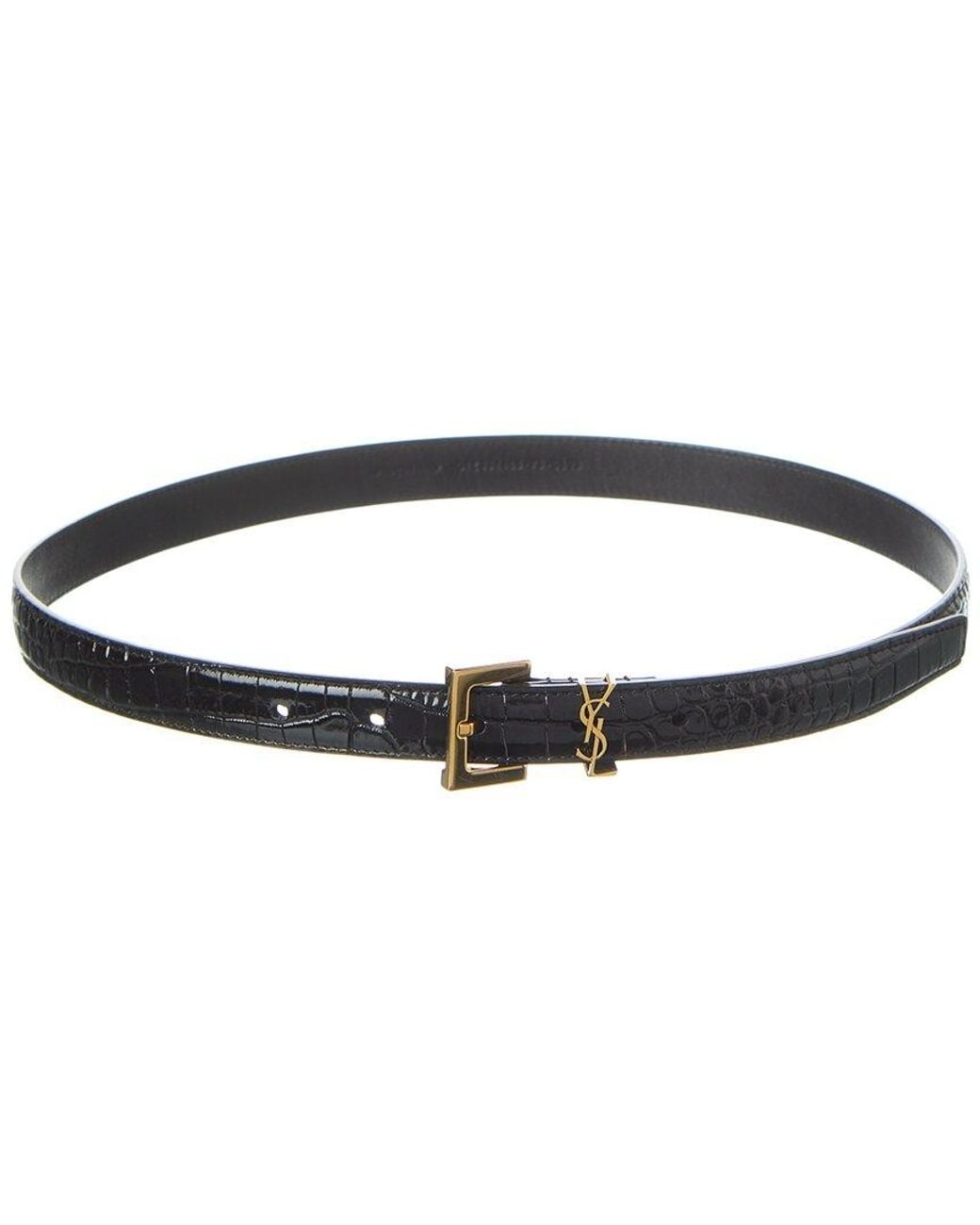 Saint Laurent Black Cassandre Croc-Embossed Leather Belt