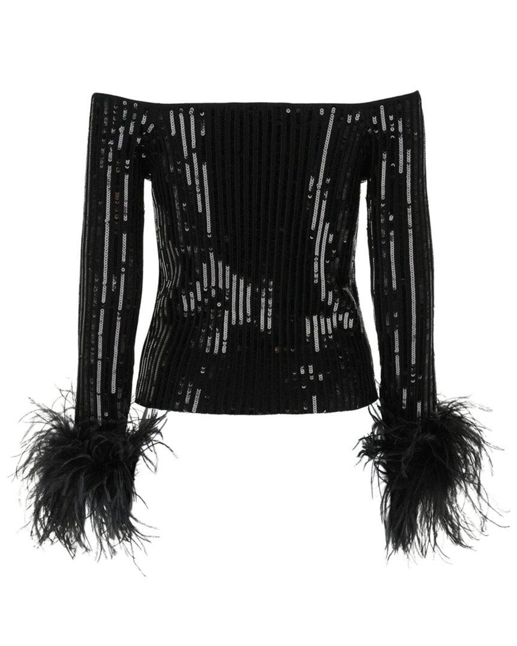 Valentino Black Sequin Feather-Trim Cropped Sweater