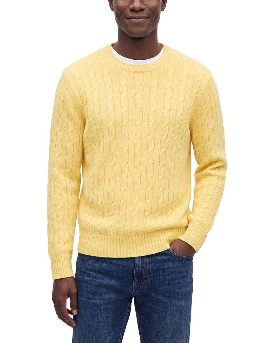 N.Peal Cashmere Yellow Thames Cable 100% Cashmere Crewneck Sweater for men