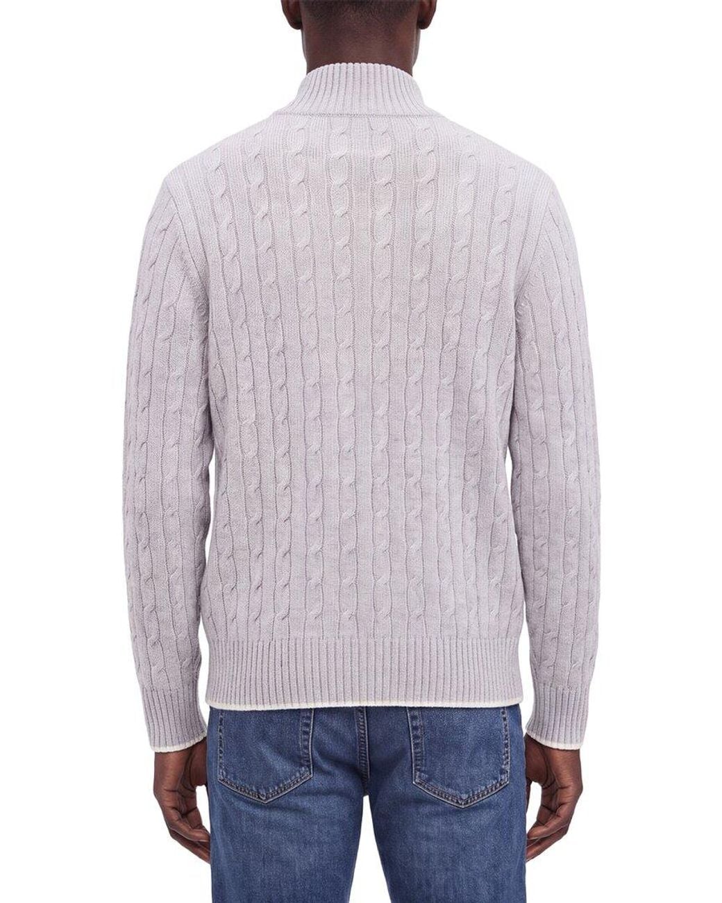 N.Peal Cashmere Gray Contrast Cable Full Zip 100% Cashmere Mock Neck Sweater for men