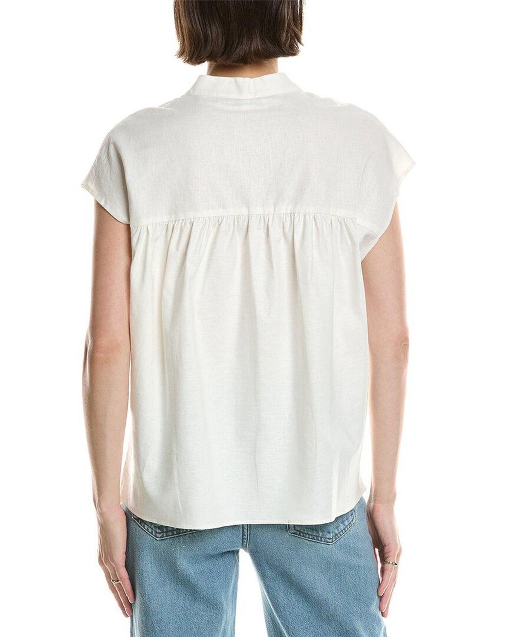 Vince White Band Collar Linen-Blend Popover