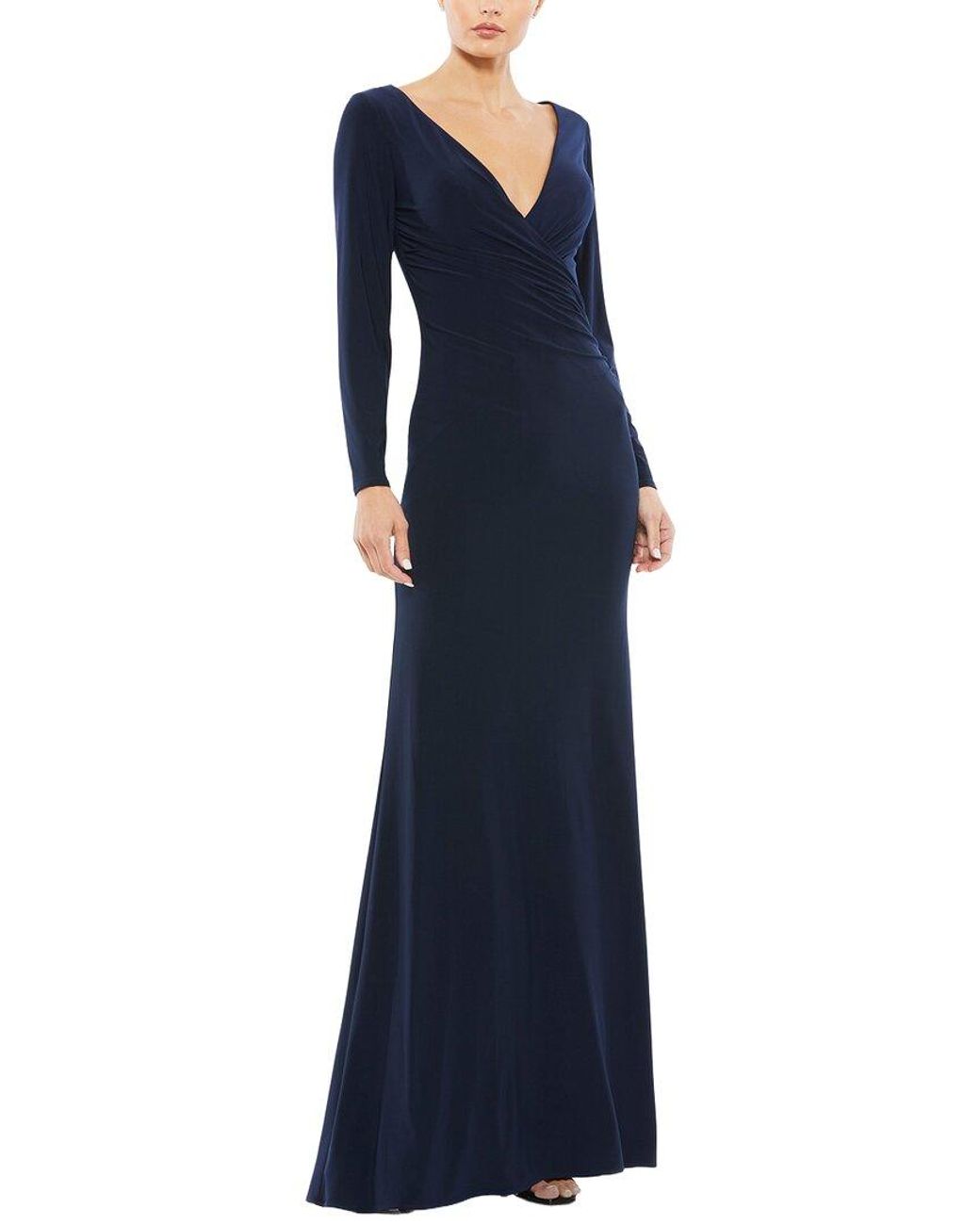 Mac Duggal Blue Long Sleeve Ruched Jersey V-Neck Gown