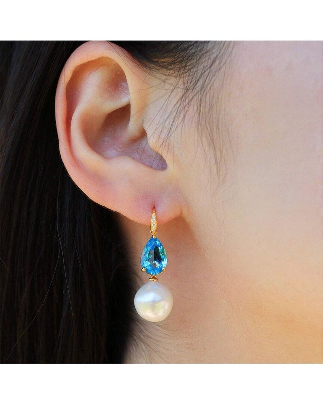 Kai Fine Jewelry Blue 14K 7.05 Ct. Tw. Diamond & Topaz & 12-13Mm Pearl Drop Earrings