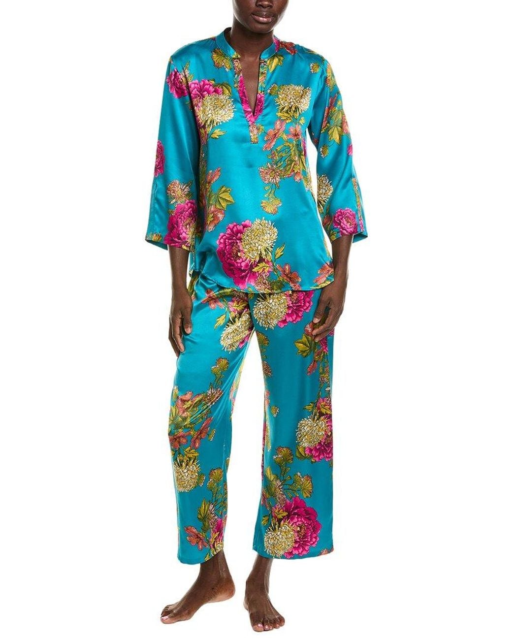 Natori Blue 2Pc Crysanthe Printed Satin Mandarin Pajama Set