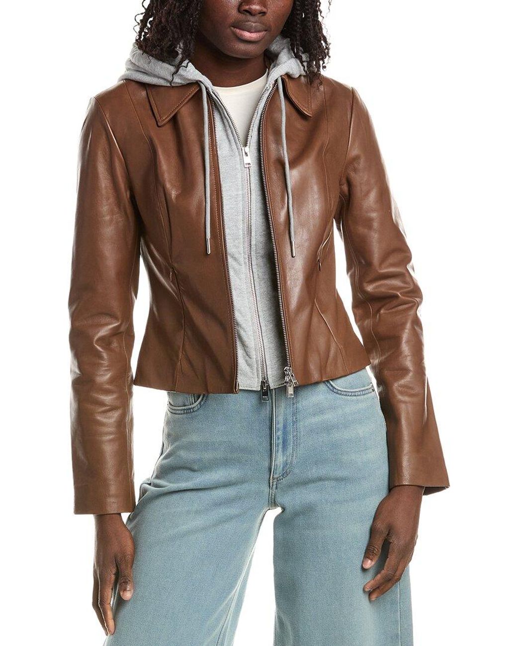 Lamarque Brown Removable Bib Leather Jacket
