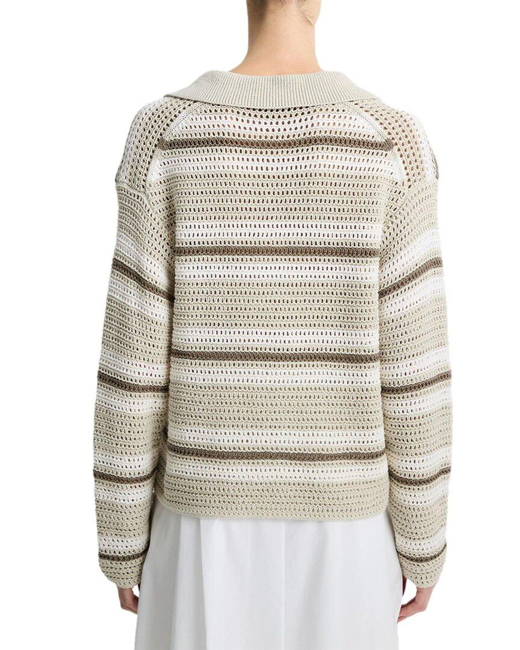 Vince White Mesh Stripe Button Polo Shirt