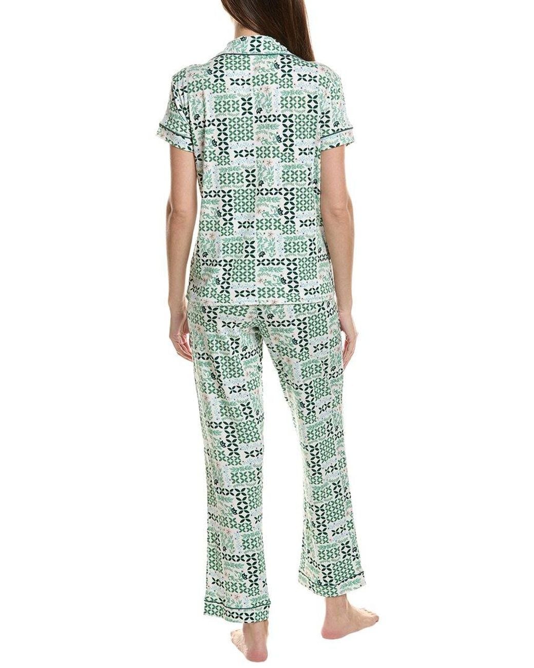 THREAD & STITCH Green 3pcnotch Collar Top & Short & Pant Pj Set
