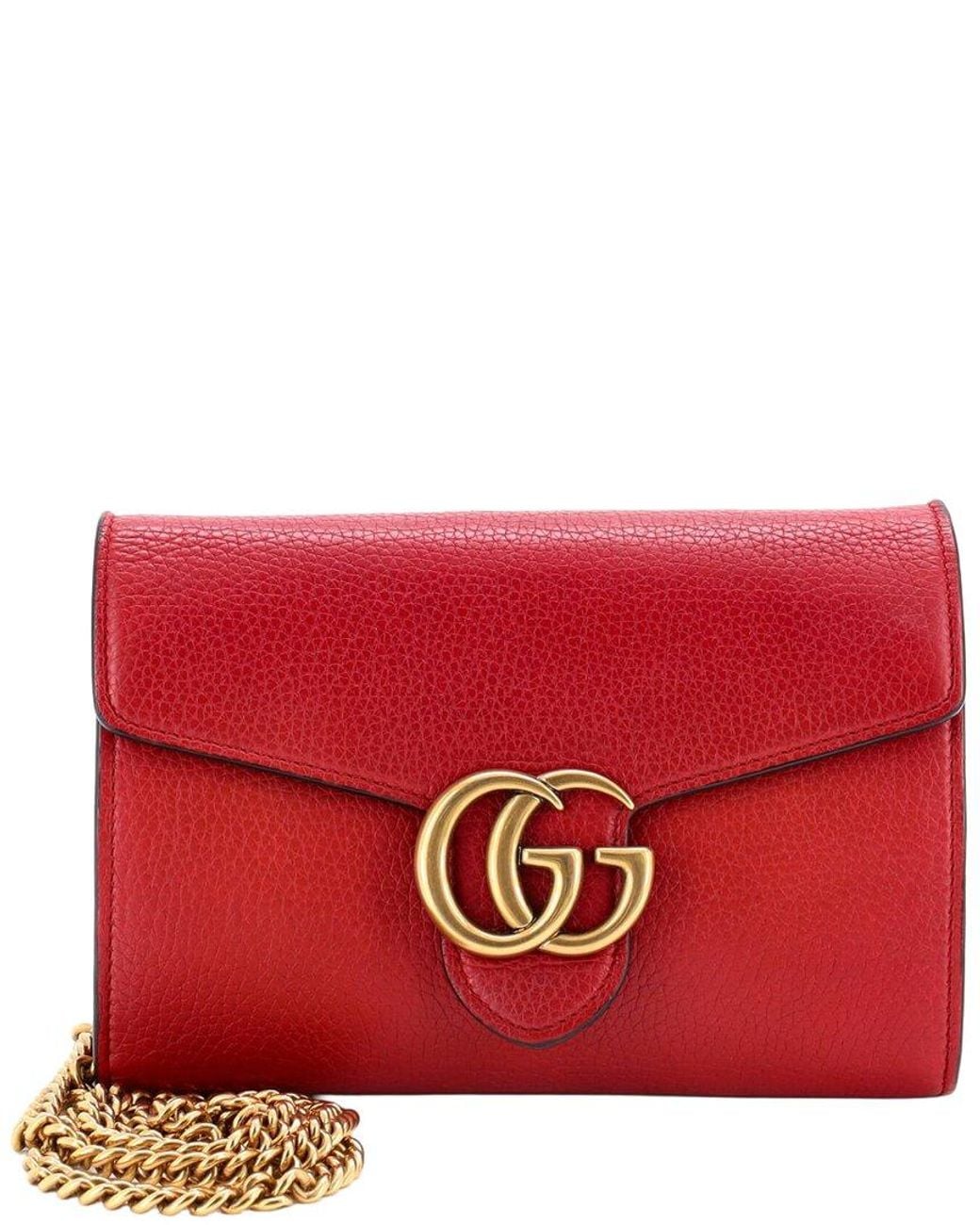 Gucci Red Leather Gg Marmont Chain Wallet Mini (Authentic Pre-Loved)